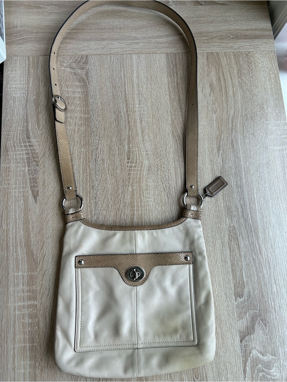 Coach Penelope Y2K Cream & Tan Leather Crossbody Bag with Front Turn-Lock